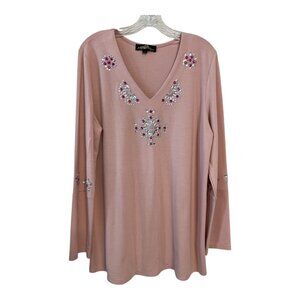 Joan Boyce Embellished Tunic Top Pink XL Rhinestone Long Sleeve Bling Stretchy